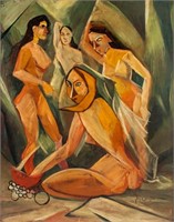 Spanish Cubist Oil on Board Nude Signed Picasso