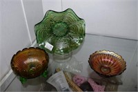 3pcs carnival glass including ruffled bowl, footed