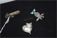 3 sterling pins incl. golf club, owl and pussy cat