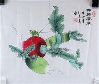 KONG QINGYI Chinese b.1947 Watercolor Radish Silk