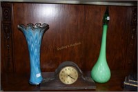 20" art glass blue vase & green bottle