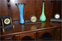 2 marble & Slate clocks & 1 wooden clock