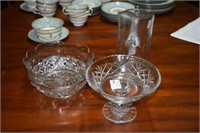 Crystal compote, wheel etched pitcher & fruit bowl