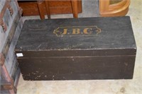 Custom Pine Box initialed "JBC" with assorted book