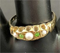 DD- 14K Gold Ring with Green & Pearl Stones