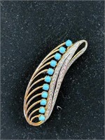 CR- Antique Gold Tone Turquoise & Diamond Brooch