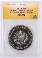 Coin 1972 GB  Proof Silver Wedding 25P ANACS PF65