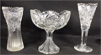 Brilliant Cut Glass Compote & Two Vases