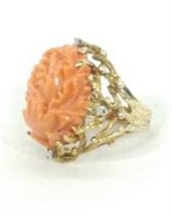14 Karat Gold Carved Coral & Diamond Ring