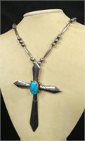 Sterling Silver Necklace W/cross & Turquoise