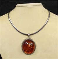 Sterling Silver Necklace W/ Amber Pendant