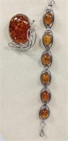 Sterling Silver Amber Brouch And Bracelet