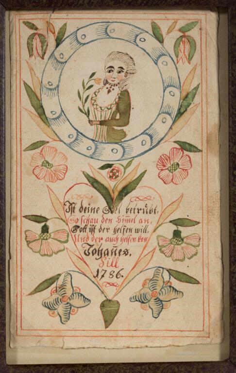 One of a pair of Pennsylvania fraktur blessings, watercolor and ink on paper, for Johannes and Michael Sil, each dated 1786, MESDA deaccession, gift of Pastor Frederick S. Wiser