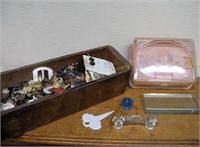 Drawer of buttons; cat jewelry box; pulls, etc.