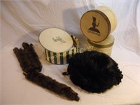 Fur muff & collar; Woolf Bros & other hat boxes