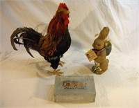 Rooster; papier mache bunny; tin cigar box