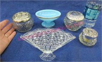 3 vintage avon glass jars -fan tray -blue soap dis