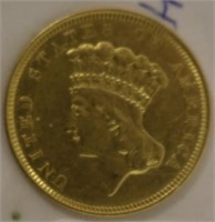 1854-O $3 GOLD COIN, AU CONDITION, ALMOST