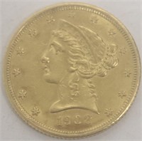 1908 CORONET HEAD $5 GOLD COIN, UNCIRCULATED