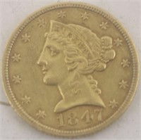 1847 $5 NO MOTTO XF LIBERTY HEAD 1/2 EAGLE GOLD