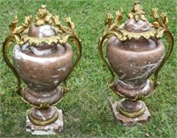 PAIR OF 19TH C FRENCH PINK MARBLE URNS WITH