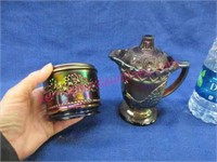 amethyst carnival glass peacock creamer & jar