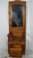 Tallback Wooden Entry Chair W/ Mirror/ Coat Hooks