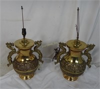 2 Large Ornate Brass Dragon Handle Urn Lamps