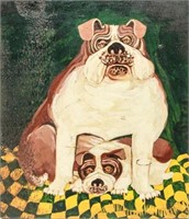 English Bulldogs Portrait of Two Dogs Oil on Board