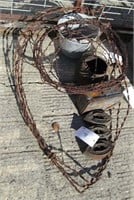 (3) Sad Irons, Cast Iron Kettle, Barbed Wire, Etc