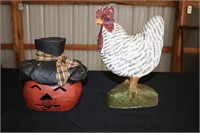Folk art rooster and paper mache' pumpkin