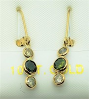 46O- 10k yellow gold green diamond earrings $3,000