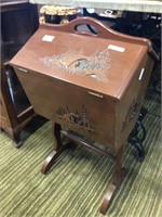 CARVED CHINESE SEWING BOX ON STAND