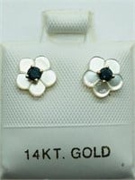 14K Yellow Gold, Blue Diamond, Pearl Earrings