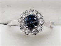 10K White Gold, Blue Diamond  Halo Ring .52 CT