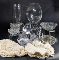 Pressed Glass Vase, Condiment Sets & Crochet