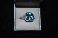 Sterling Size 7 Ring 10mm Cushion Blue Topaz