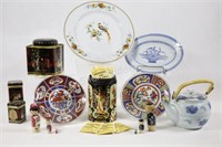 Decorative Tea Pot, Plates & Tin Asian Containers
