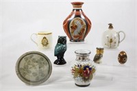 Decorative Vase, Marble Owls & Kerosene Lamp