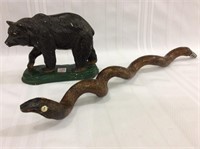 Lot of 2 Including Bear Statue & Wood Carved Snake