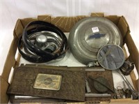 Group of Old Car Parts Including Chevy Hubcap,