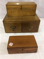 Lot of 3 Wood Boxes Including 2 Drawer File