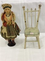 Lot of 2 Including Vintage Doll & Wood Doll Chair