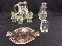 Group of 9 Including Etched Juice Pitcher w/