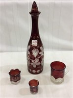 Lot of 4 Red Flash Glass & Etched Pieces