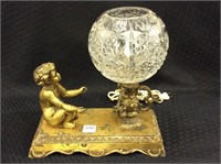 Brass Electrified Figural Lamp w/ Ornate Glass