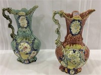 Pair of Ornate Floral Painted Pottery Pitcher