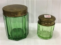 Lot of 2 Green Vintage Jars w/ Brass Lids