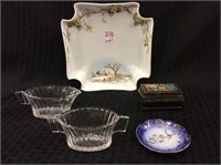 Lot of 5 Including Painted Dish, Heisey Glass