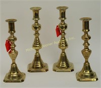 TWO PAIRS BRASS PUSH UP CANDLESTICKS